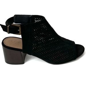 LOFT Black Textile Laser Cut Ankle Strap Stacked Heel Open Toe Shoes
